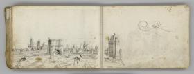 Blick auf eine Stadt mit Kirchtürmen, Windmühlen und großen Stadttoren (linke Hälfte)