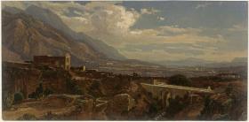 Landschaft von Caracas mit Viadukt und Trinidad-Kirche. Im Hintergrund das Tal von Chacao