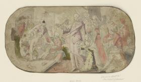 Auferweckung des Lazarus. Christus mit seinem Gefolge von rechts kommend steht in der Mitte nach links gewendet, wo der auferweckte Lazarus aus seiner Gruft heraufgehoben wird
