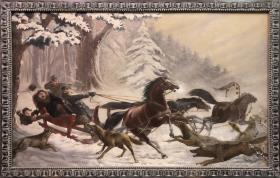 Winterl. Schlittenfahrt in Rußland, 1914, die von Wolfsrudel verfolgt und angegriffen wird