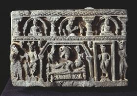 Erzählende Szene (Fragment): Traum der Königin Maya (unten Mitte) und Traumdeutung (unten links)