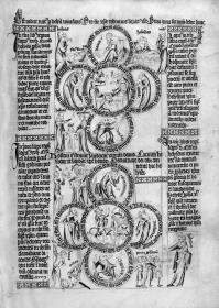 Biblia pauperum. Seite mit zwei Vierpässen, in deren Kreisen biblische Szenen und Figuren