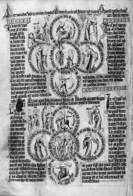 Biblia pauperum. Seite mit zwei Vierpässen, in deren Kreisen biblische Szenen und Figuren