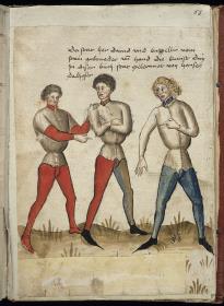 Drei stehende Männer, zwei mit erklärenden Gebärden. Darüber: „da stat her david und buppelm vom Stain gebrueder und hand die
Kunst duy in disem büch stat gelernnet von Hansen dalhofer“. Fecht- und Ringerbuch der Brüder vom Stain (nach Talhoffer)