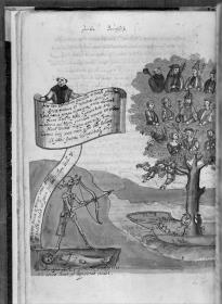 Totentanz für Wilhelm Werner, Graf zu Zimmern - Der Tod schießt mit dem Pfeil nach den Halbfiguren der Ritter, Fürsten und Geistlichen im Baum der Eitelkeit, der, in einem Kahn stehend, von zwei Mäusen ausgehöhlt wird