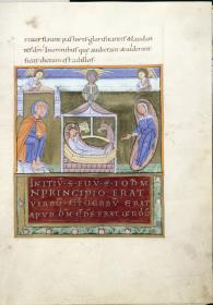 Evangelistar Heinrichs IV. (?), Geburt Christi, links außen sitzt Joseph, rechts ruht Maria auf ihrem Lager, oben drei Engel