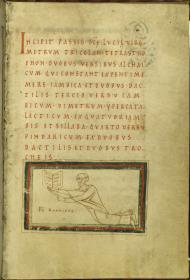 Passio Sanctae Luciae, Schlussvignette mit kniendem Mönch, der sein Buch darreicht