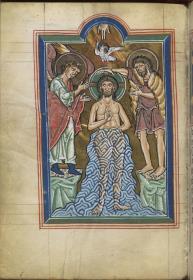Taufe Christi. Links ein Engel, rechts Johannes, über Christus die Taube und die Hand Gottes. Thüringisch-sächsisches Psalterium