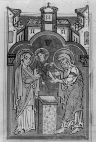 Darbringung im Tempel. Maria reicht Simeon das bekleidete Kind. Thüringisch-sächsisches Psalterium