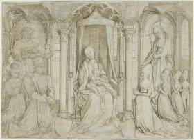 Thronende Madonna mit dem Hl. Johannes und der Hl. Margarethe sowie Stiftern in einer Kapelle