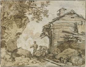 Landschaft mit einem Blockhaus
