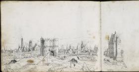 Blick auf eine Stadt mit Kirchtürmen, Windmühlen und großen Stadttoren (rechte Hälfte), kalligraphische Übung
