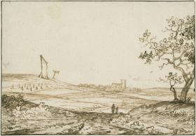 Hügelige Landschaft mit Blick auf eine Kirche. Links auf einer Anhöhe zwei Galgen