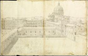Blick vom Cortile della Pigna auf Sankt Peter und den Vatikanischen Palast, rechts Torre dei Venti, Villa Pius IV., S. Pietro, links Palast Sixtus V.