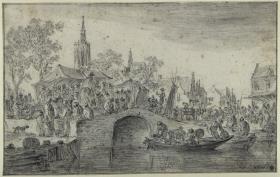 Steinerne Brücke in einer Ortschaft mit Marktszene