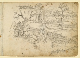 Aufstieg zum Kalvarienberg. Reiter und ziehende Menschenmenge in weiter Landschaft