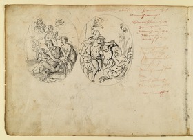 Der trunkene Bacchus und Tod des Adonis. Zwei Darstellungen im Hochoval auf einem Bogen