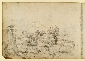 Landschaft mit Felsen und Kirche