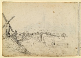 Blick auf eine Stadt am Ufer, links eine Windmühle (ähnliches Motiv auf fol. 75 verso)