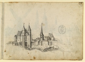 Blick auf eine Stadttor mt dahinter liegender Kirche