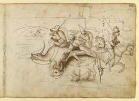 Gruppe fantastischer Kriegsleute mit Fabelwesen an einem Fluss mit Brücke (Teilkopie nach der "Versuchung des hl. Antonius" von einem Bosch-Nachahmer, Kunsthistorisches Museum Wien)