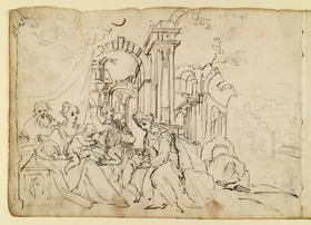 Die Heilige Familie mit Elisabeth und dem Johannesknaben in einer Landschaft mit Ruinenarchitektur (linke Hälfte)