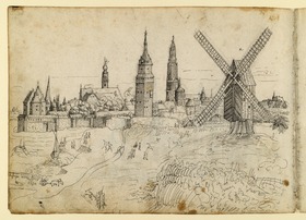 Blick auf Antwerpen über die Schelde, vorn eine Windmühle (linke Hälfte)