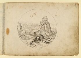 Hieronymus im Gebet in einer Grotte vor weiter Landschaft
