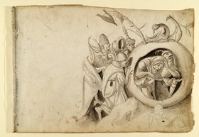 Fantastische Gestalten an einer mit zwei Figuren gefüllten Kugel (Teilkopie nach der "Versuchung des hl. Antonius" von einem Bosch-Nachahmer, Kunsthistorisches Museum Wien)