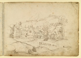 Eine Häusergruppe um eine Kirche in hügeliger Landschaft