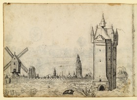 Blick auf eine Stadt mit Türmen und Windmühle, vorn ein großer Turm (ähnliches Motiv auf fol. 77 verso und 78 recto)