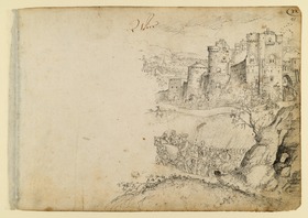 Aufstieg zum Kalvarienberg. Landschaft mit befestigter Stadt und Reiterzug ("WIen")