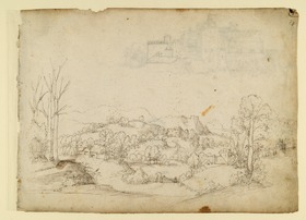 Landschaft mit einer Burg im Mittelgrund, oben die Skizze einer Burg