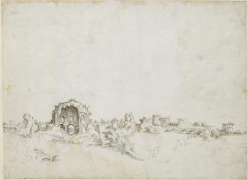 Blick von der Minerva Medica zur Porta Maggiore (linke Hälfte zu fol. 40 recto)