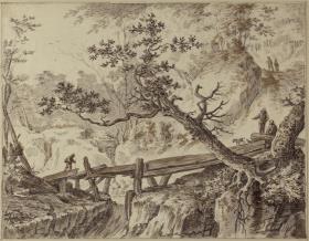 Gebirgslandschaft mit Brücke, stürzendem Bach und Wäldern