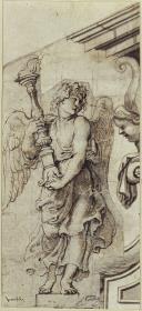 Leuchter tragender Engel. Rand eines Gebälkes mit Karyatidenkopf, Entwurf für en Engel links auf der Umrahmung des Hochaltars der Jesuitenkirche S. Carlo Borromeo in Antwerpen
