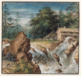 Nordische Landschaft mit einem Zeichner bei einem Wasserfall