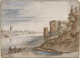 Italienische Flusslandschaft mit Fortifikation