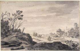 Weite Landschaft mit Reiter und Wagen