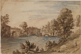 Italienische Flusslandschaft mit Wassermühle