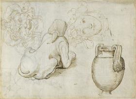 Sphinx. Vase. Zwei Masken