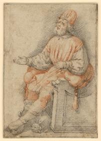 Sitzender Herrscher, zu seinen Füßen ein Hund (König Herodes)