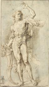 Nackter Jüngling mit Füllhorn, nach Andrea Mantegnas Kupferstich "Bacchanal" (B. 19)