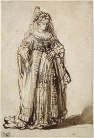 Frau in reichem Kostüm und Haarschmuck, von vorn