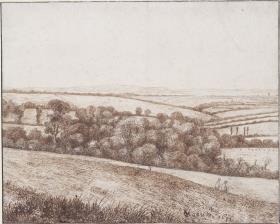 Flache Hügellandschaft mit Ausblick in eine Ebene