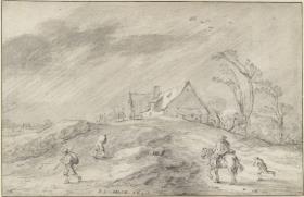 Landschaft mit Bauern und Reiter bei Regensturm