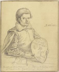 Brustbild des jungen Jacob Matham mit Wappenschild in den Händen