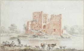 Ruine am Wasser, vorn Hirtenpaar mit Vieh