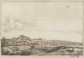 Flachlandschaft mit Brücke über einen Fluss