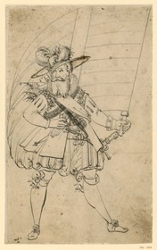 Ein Krieger in reicher Kleidung, grätschbeinig dastehend, die R. in die Seite gestemmt, mit der L. den Schaft einer Fahne haltend